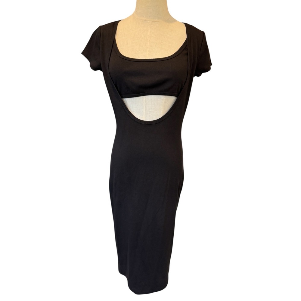 Anthropologie t.la Black Ribbed‎ Cutout Midi Bodycon Dress XS New LBD NWT